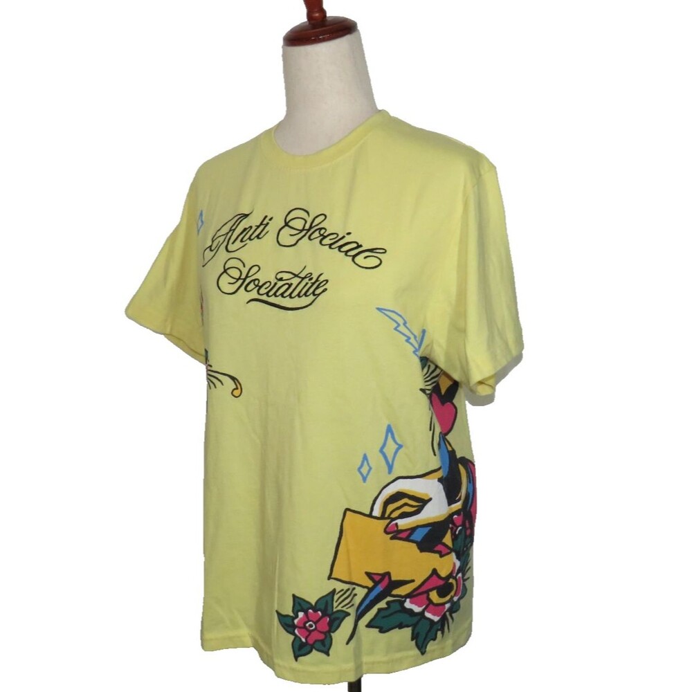 Reason Women ANTI SOCIAL SOCIALITE Bird Floral Artsy Print Embroidered Tee Sz M